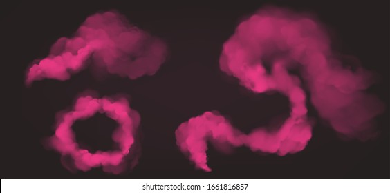 Pink smoke trail and ring set, magic dust or powder isolated on dark background. Flow mist, smoky stream, aroma or toxic clouds texture, steaming chemincal vapour realistic 3d vector clip art, mockup