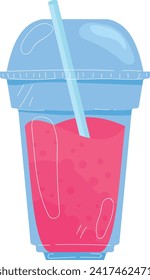 Pink smoothie in clear cup with blue lid and straw. Fruit drink for healthy lifestyle, refreshment. Summer beverage concept vector illustration.