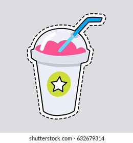 Pink smoothie in closed cup with blue straw. Cut it out. Transparent round lid. Circle with white star. Take away food. Healthy meal. Illustration of isolated cardboard glass. Flat design. Vector