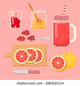 Pink smoothie in jar. Organic healthy juice, fresh, diet, detox. Smoothie recipe, cherry, cranberry, grapefruit, honey. Vector elements in flat design.