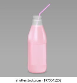 Pink Smoothie with a straw. Vector 3d realistic mockup. Plastic or glass bottle.drink package design for cocktails, juices, milkshakes and smoothies. EPS10.