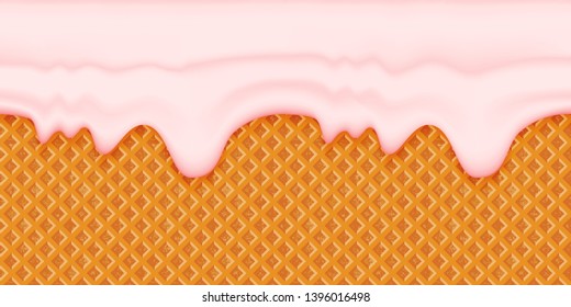 Pink smudges of glaze on a waffle background. Horizontal seamless crisp element with streaks. Template for frosting cone of ice cream. Vector illustration