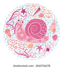 Pink snail beautiful character among seashells, seaweed, starfish, Scandinavian style, hand drawn