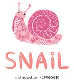 Pink Snail beautiful character, Scandinavian style, hand drawn and signed.