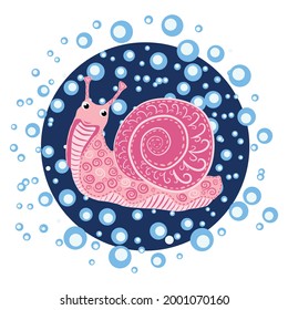 Pink Snail beautiful character in water bubbles, Scandinavian style, hand drawn