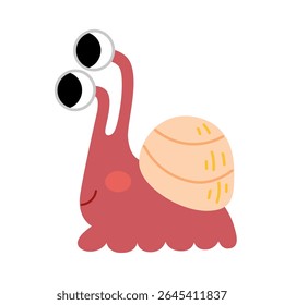 Pink snail character with big cartoon eyes and shell. Fun and playful animal design for educational printables, decor, and nature activities. Isolated Vector Illustration