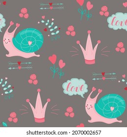 Pink snail, crown and flowers in a seamless pattern.