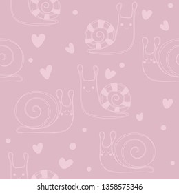 Pink snail with hearts background. Seamless pattern with cute snail. Vector hand drawn illustration. 