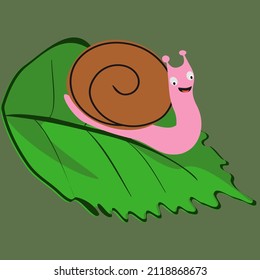 Pink Snail, Orange Back, Leaf And Green Background. Slow Motion Cartoon Animal Vector