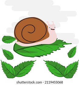 Pink Snail, Orange Back, Leaf And Green Background. Slow Motion Cartoon Animal Vector