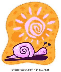 Pink Snail and sunny day. The sun over the snail. Yellow Day.