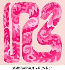 Pink snake, decorative background with floral ornament. Floral pattern, twisted snake in a square shape.
