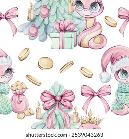 Pink snake girl princess with christmas tree and gift, gold coins watercolor seamless pattern on white background. Symbol wealth of Chines New Year 2025 in cute cartoon style for souvenirs, printing