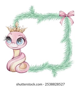 Pink snake girl princess with tree branch and pink bow. Watercolor frame in cartoon style, isolated. Arrangements for labels. Cute illustration, chinese symbol of new year 2025. Clip art of reptile