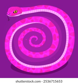 Serpiente rosa en forma de espiral, fondo púrpura. Año Nuevo de la Serpiente, Año Nuevo Lunar o Año Nuevo Chino. Personaje de dibujos animados del zodiaco animal, mascota, símbolo del año. Ilustración para una tarjeta.