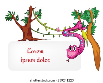 pink snake in a tree vector illustration on a white background with place for text