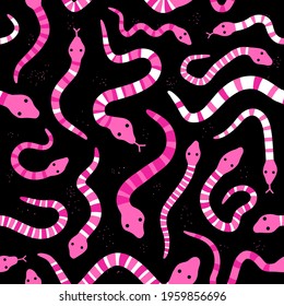 Pink snakes on black background seamless pattern. Vector hand drawn grunge style illustration icon. Different pink snakes seamless pattern