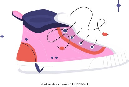 Pink sneaker Vector illustration. Textile shoes with rubber toe and loose lacing. Hand drawn flat print with contour. Teenagers style.