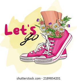 Pink sneakers with flowers vector sketch drawing. Casual shoes creative print. Youth style fashion illustration. Trendy clipart. Let's go motivational phrase. Street teenager footwear with lettering.
