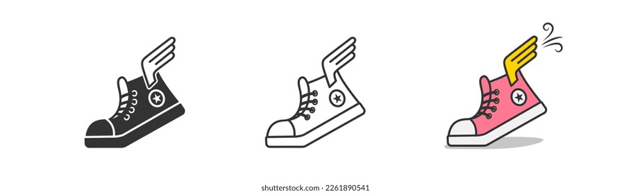 rosafarbene Turnschuhe mit Flügelsymbol auf hellem Hintergrund. Schuhsymbol. Retro klassische Schuhe, Hipster Schild. Konzentrierter, flacher und farbiger Stil. Flaches Design. Vektorgrafik.