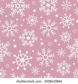 Pink snowflake seamless vector pattern. White snowflakes on a pastel background. Cute, feminine, girly Christmas theme design. Festive, winter holiday print. Repeat backdrop wallpaper texture art.