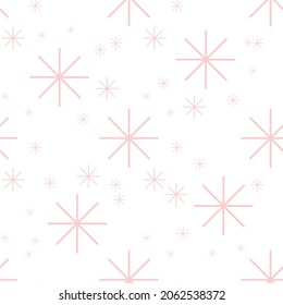 Patrón de copos de nieve rosados. Fondo de Navidad para la decoración textil, de vacaciones. Fondo de Navidad para impresión, tela, tela, plantilla. Copos de nieve o estrellas en el cielo. Patrón festivo mínimo. Vector