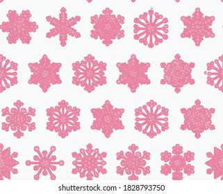 Pink snowflakes vector icon background set white color. Winter  christmas snow flake crystal element. Weather illustration ice collection. Xmas frost flat isolated silhouette symbol