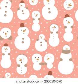 Pink Snowman. Cute pink Christmas snowman seamless patterm. Childish funny snowman with smiling faces. Happy New Year pastel background Winter holidays pinkish textile design Baby vector illustration.