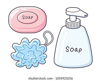 Pink soap bar, bottle and soft bath puff isolated.
