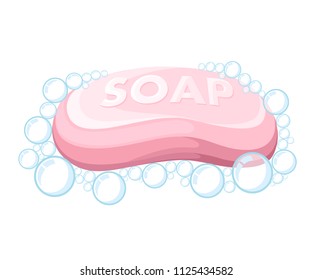 Pink soap bar. Soap bubbles. Colorful bath icon. Flat vector illustration isolated on white background.