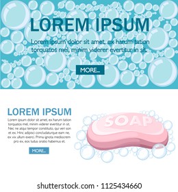 Pink soap bar. Soap bubbles. Colorful bath icon. Flat vector illustration on white and bubbles texture background. Concept design for website or advertising.