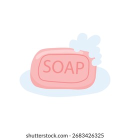 Pink soap bar with bubbles flat illustration isolated.