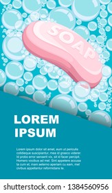 Pink soap bar with transparent bubbles. Flat vector illustration with place for text. Advertising flyer or greetings card design.