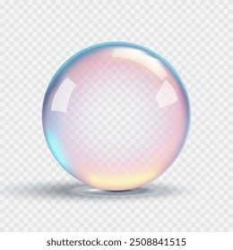 Burbuja de jabón rosa sobre fondo transparente. Gota de agua del arco iris 3D. Ilustración vectorial redonda de jabón