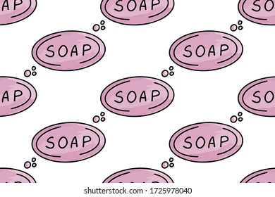 Pink soap with bubbles in cartoon style. Concept of hygiene and self-care. Seamless vector texture pattern isolated on white background.