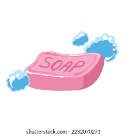 Pink soap with bubbles and foams vector illustration isolated on plain white background. Cute fragrant cleaning equipment for washing hands and body drawing with cartoon flat art style.