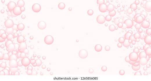 Pink soap foam bubbles vector concept, abstract shampoo soapy effect background. Water and detergent foam bubbles illustration. Circles sphere elements background for hygiene cosmetics soap or shampoo