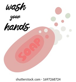 jabón rosa sobre un fondo blanco con letras lave las manos. ilustración de dibujos animados de vector plano. Lávese las manos. С puede ser utilizado como afiche o impresión
