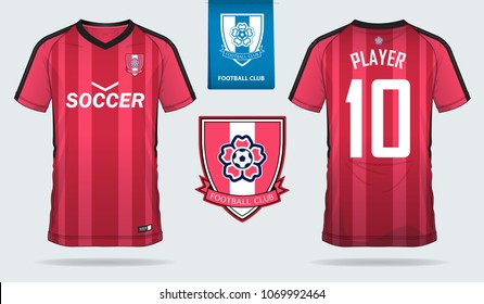 Pink Soccer jersey, football kit, t-shirt sport, template design for sport club. Football t-shirt mock up. Front and back view soccer uniform. Flat football logo on blue label. Vector Illustration