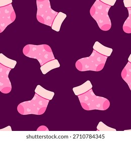 Calcetín rosa sin patrón con fondo púrpura. Linda y acogedora ilustración. Puede ser utilizado para el Fondo de pantalla, el papel que envuelve y la tela de la moda