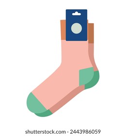 Pink socks with logo tag hosiery high ankle length. Fashion accessory clothing technical illustration stocking. Vector, side view for Men, women, unisex style, flat sketch isolated on white background