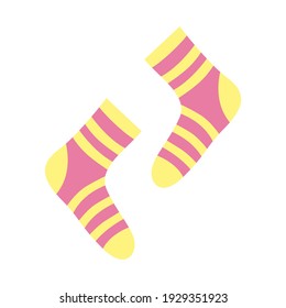 Pink socks with yellow stripes in a cartoon style. Vector illustration of a pair of children's bright socks socks on a white background