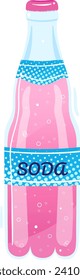 Pink soda bottle with bubbles and blue label. Refreshing carbonated soft drink concept. Vector illustration