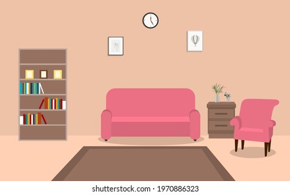 pink sofa and book shelf in the living room in house