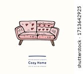 Pink sofa or couch. Vector illustration. Design for stikers, poster, social media post. Positive doodle icons, home elements. Isolated on white background.