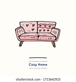 Pink sofa or couch. Vector illustration. Design for stikers, poster, social media post. Positive doodle icons, home elements. Isolated on white background.