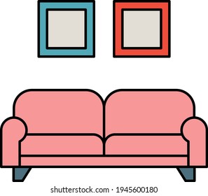 Pink Sofa Couch with Wall Portrait Concept, Comfy Loveseat Vector Icon Design, Interior design Symbol, Home Office decoration Sign, Residential and Commercial Decor Elements stock illustration