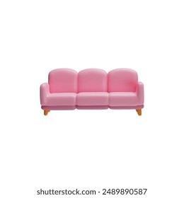 Pink sofa with wooden legs 3D plastic style icon. Realistic leather couch. Vector render illustration isolated on white background. Volumetric lounge furniture triple seat, interior design element