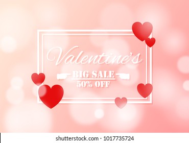 pink soft  bokeh Valentines background with coligraphy, text big sale 50% off, discount for Valentines day - vector illustration