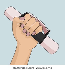 Pink soft dumbbell in hand on blue background vector illustration